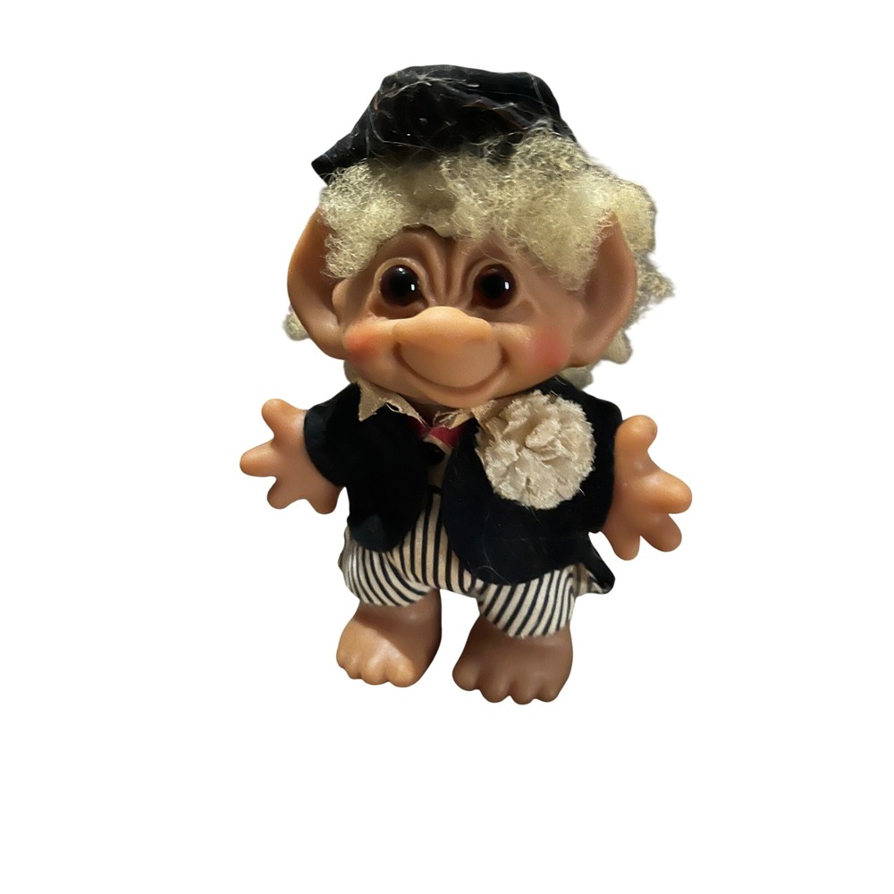 Vintage Dam Troll Doll Made in Denmark Groom Tuxedo Striped Pants Blonde Hair